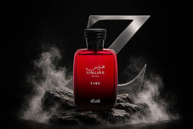 Rasasi Hawas Fire perfume in its original red bottle