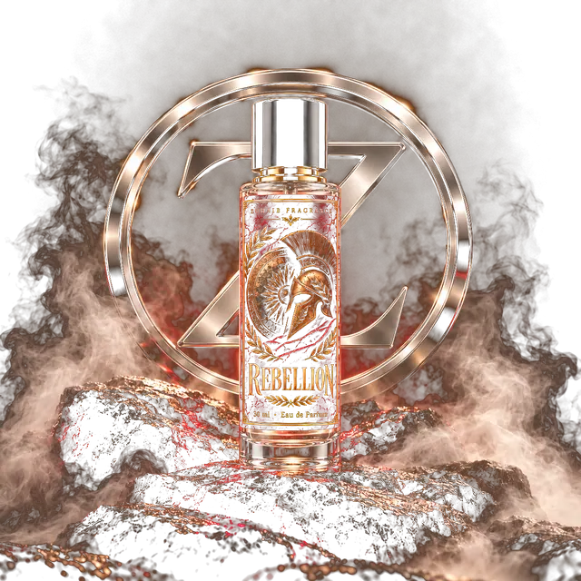 Rebellion perfume bottle by Zuhaib Fragrance in front of a glowing chrome Z emblem